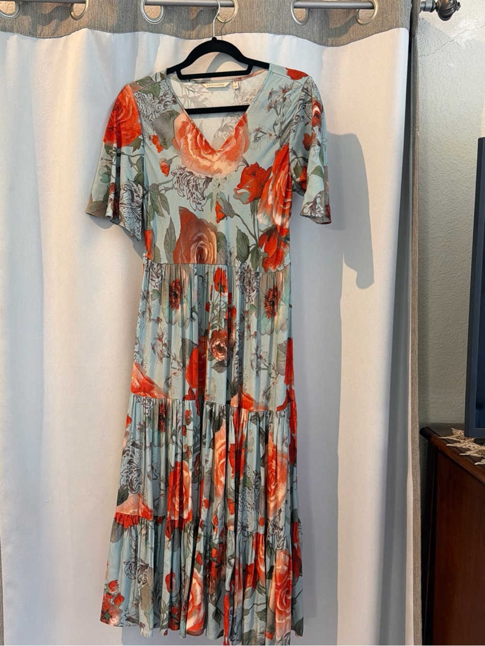 Soft Surroundings Floral Tiered Maxi Dress in Light Blue and Coral